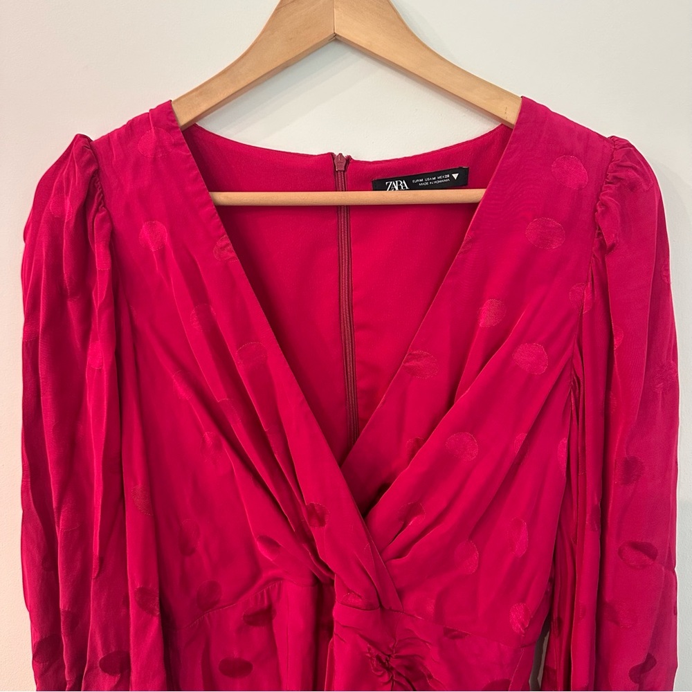 Zara Polka Dot Satin V Neck Ruched Long Sleeve Dress Magenta Size Medium - Picture 4 of 10